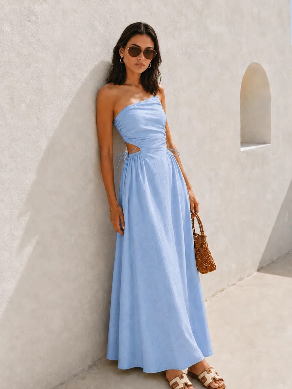 Commense Cutout Tie-Side Cotton Linen Midi Dress